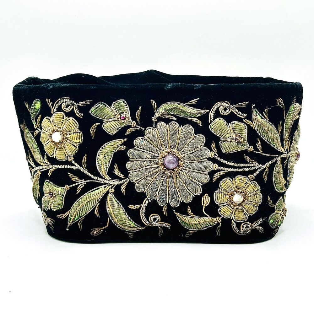 Vintage Zardozi Velvet Potli Bucket Bag Hand Embroidered Gold Jewel Black Purse
